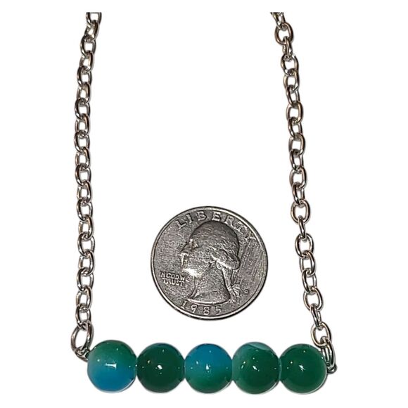 Handmade Blue &‎ Green Glass Ball Bar Charm Silver Tone Chain Necklace 16-19" - Picture 7 of 7